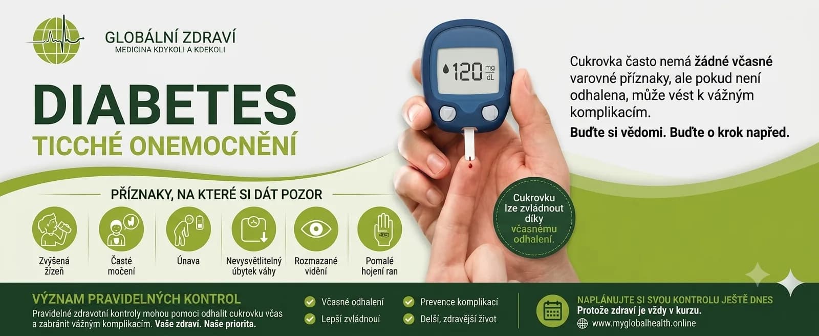 Banner informativo sobre la diabetes (cukrovka). En la imagen, una mano sostiene un glucómetro con una lectura de 120 mg/dL y una tira reactiva con una gota de sangre. En la esquina superior izquierda aparece el logotipo de "Global Health". El titular principal dice: "DIABETES, LA ENFERMEDAD SILENCIOSA". El texto junto al glucómetro señala: "La diabetes a menudo no presenta síntomas visibles".