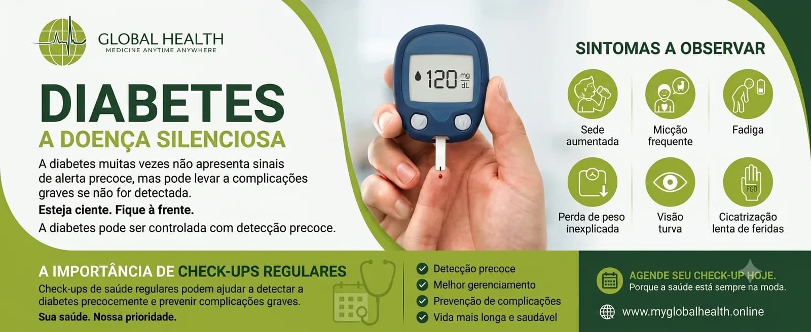 Infografía informativa sobre la diabetes de «Global Health», con el eslogan «Medicine Anytime Anywhere». En el centro, una mano sostiene un glucómetro azul que muestra el resultado «120 mg/dL» tras una prueba de gota de sangre en la punta del dedo. A la izquierda, el título principal dice «DIABETES: LA ENFERMEDAD SILENCIOSA».