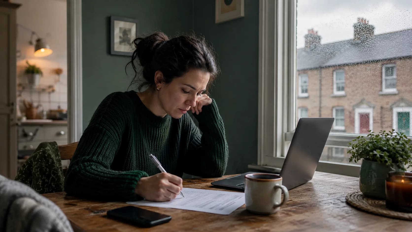 Žena u kuchyňského stolu v dublinském domě vyplňuje žádost o Illness Benefit vedle notebooku, za oknem prší.
