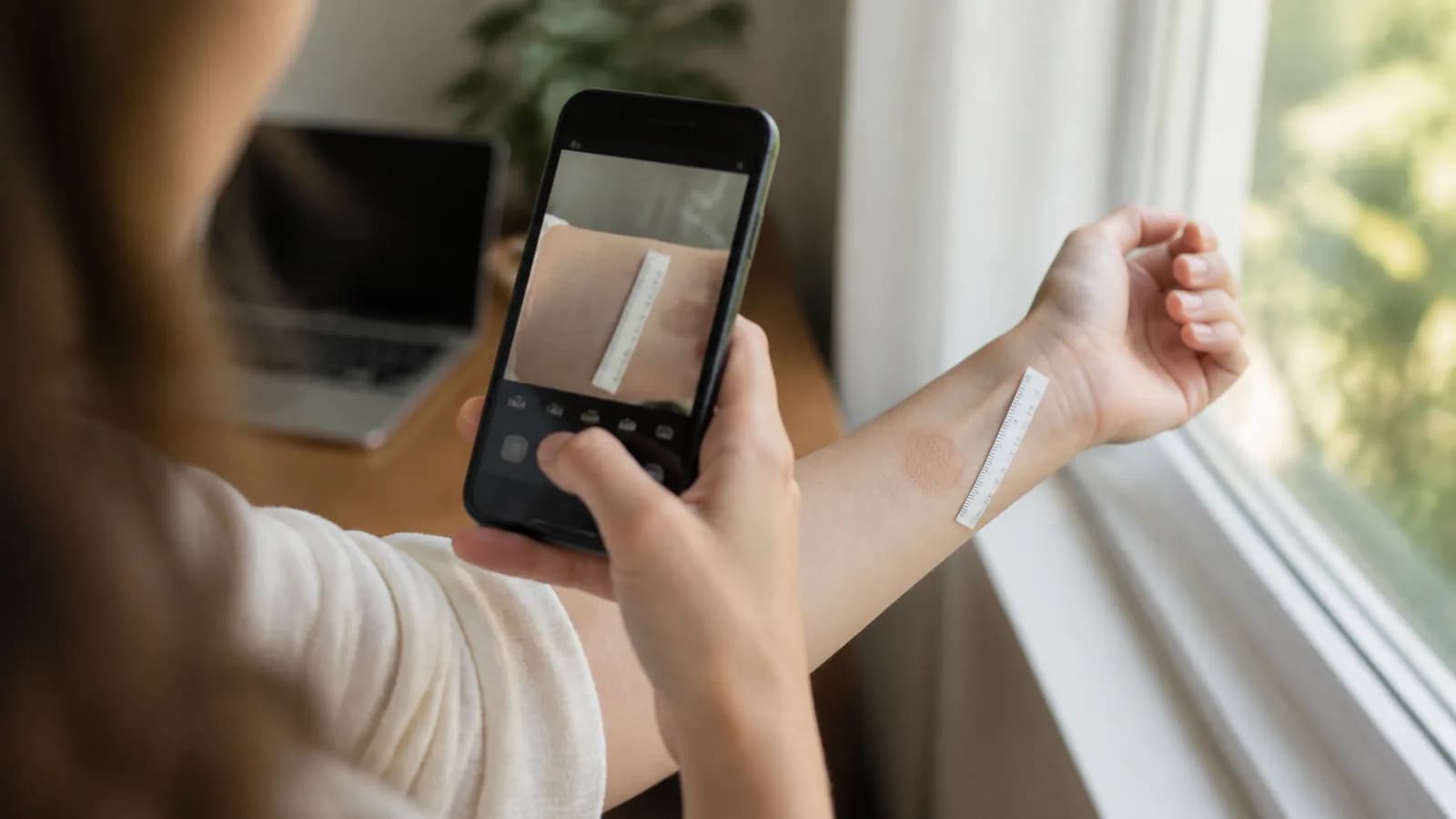 Pacientka fotí mobilem lézi na předloktí u okna, na kůži má položený proužek jako měřítko.